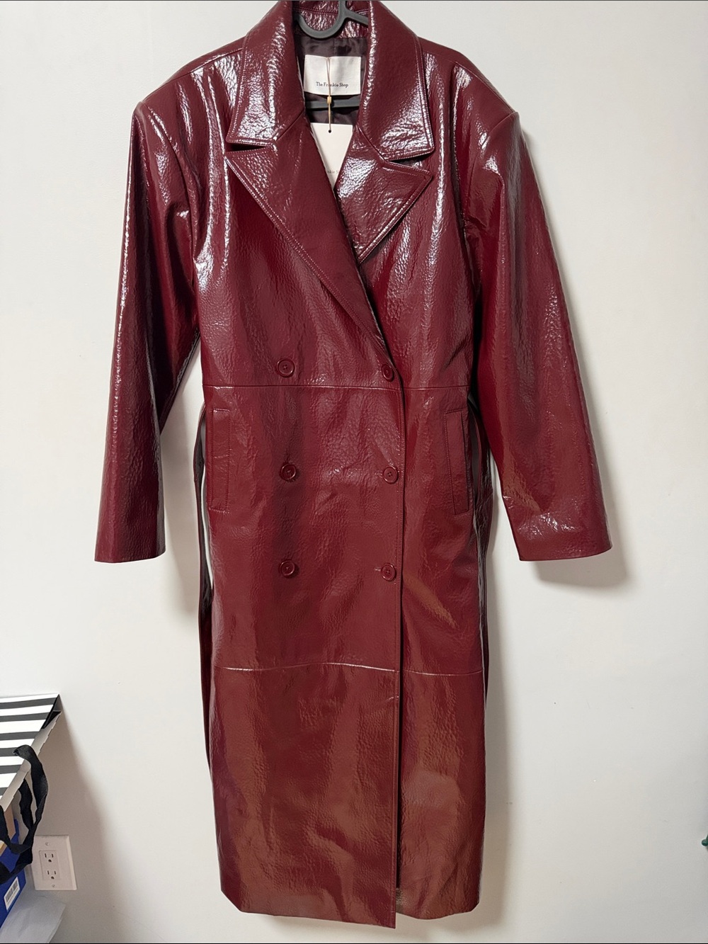 The Frankie Shop Glossy Burgundy Patent Longline Trench Coat
